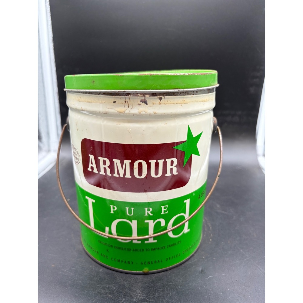Vintage Armour Pure Lard 4 lb Tin Bucket with Lid Recipes Green White Red Star